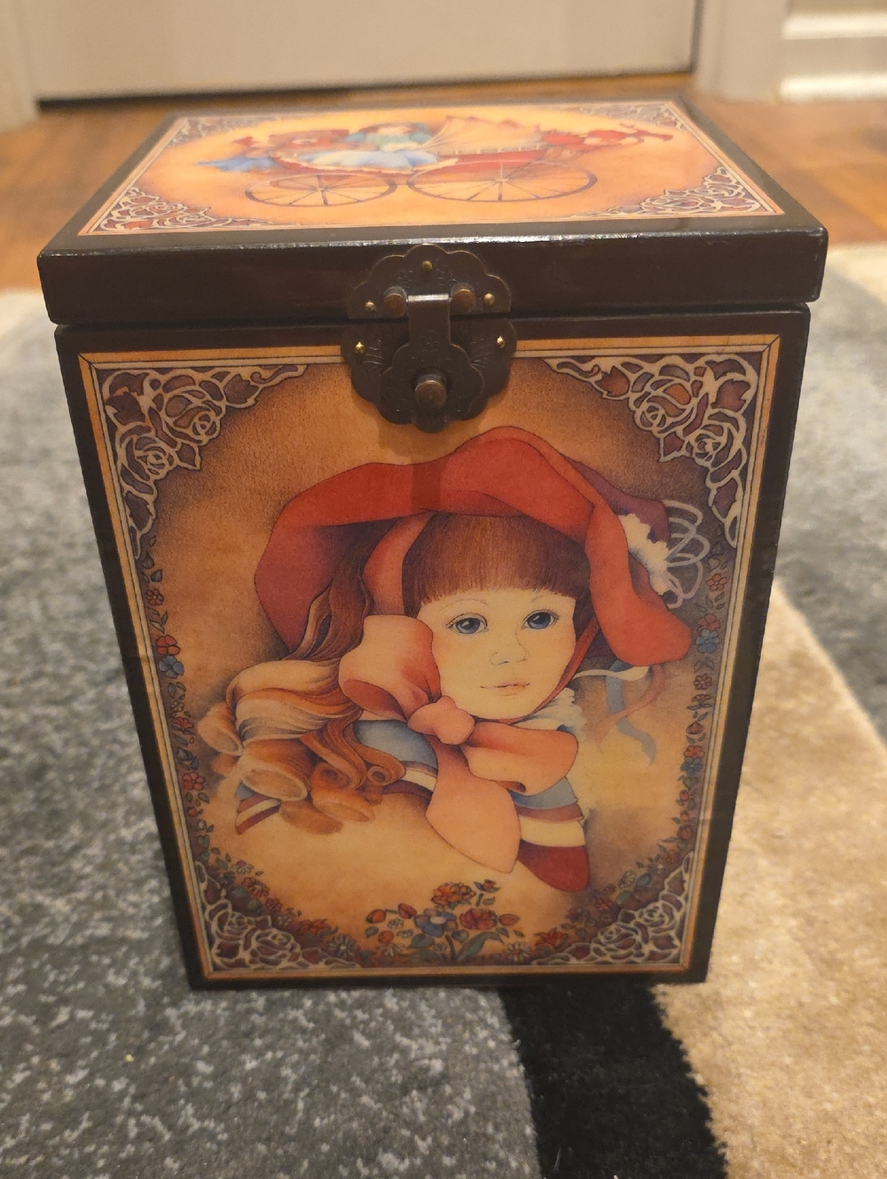 Enesco Decorative Girl Portrait Trinket Box in Red, Brown, Cream